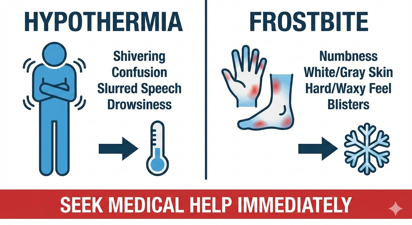 This infographic perfectly summarizes the key differences between hypothermia and frostbite, making a dense topic easy to understand at a glance.