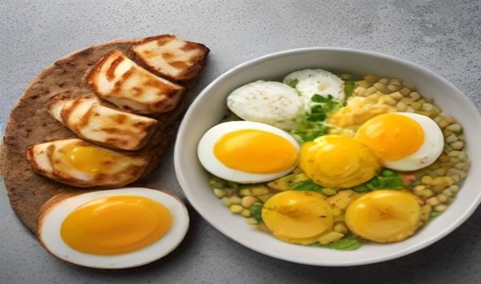 Assorted high-protein foods including eggs, chicken, lentils and yogurt on a light surface