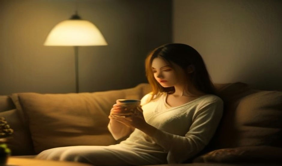 Woman on a sofa in the evening holding a cup of herbal tea