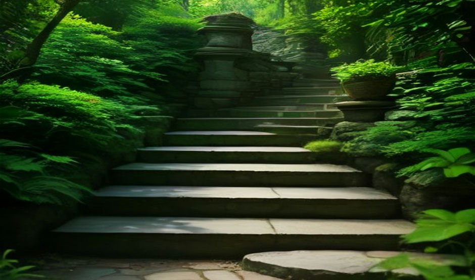 Outdoor stone steps with green plants growing beside them