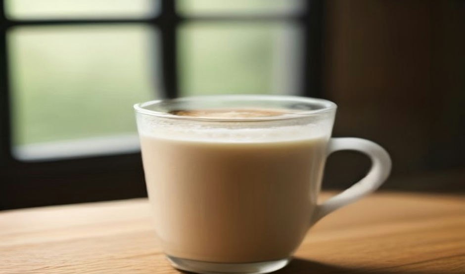 A mug of creamy protein coffee on a wooden table