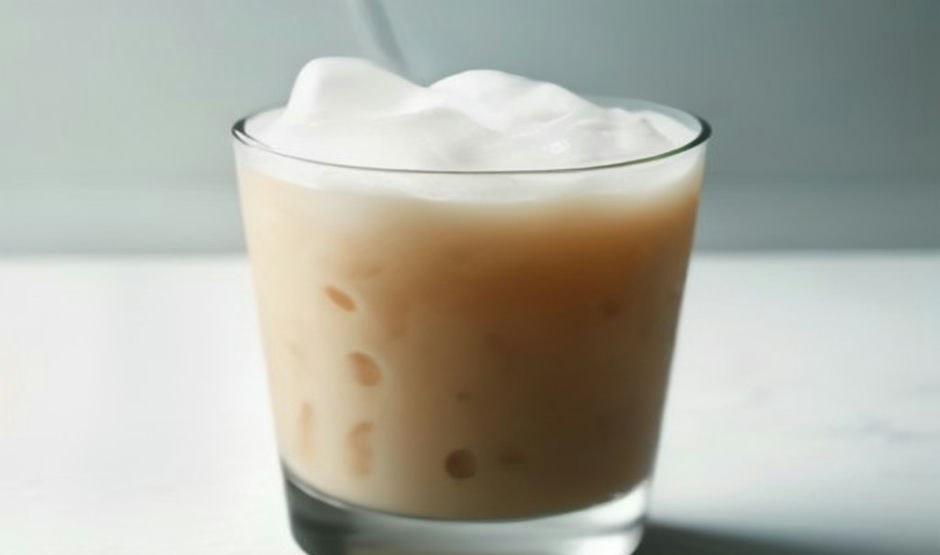 A tall glass of iced protein coffee with a layer of milk foam and ice cubes