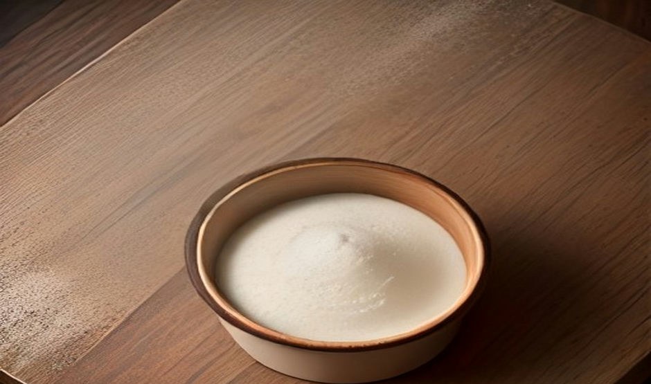 A bowl of vanilla protein powder on a wooden table