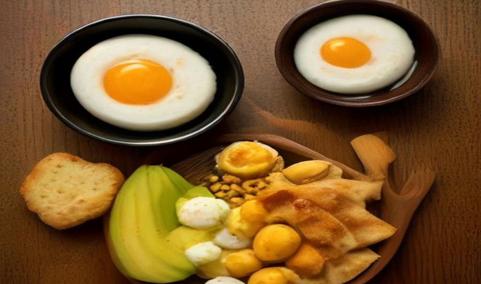 Savoury high-protein snacks including eggs, nuts and cheese on a wooden board