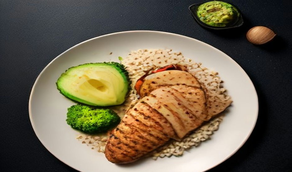 A balanced dinner plate with grilled chicken, broccoli, avocado and brown rice