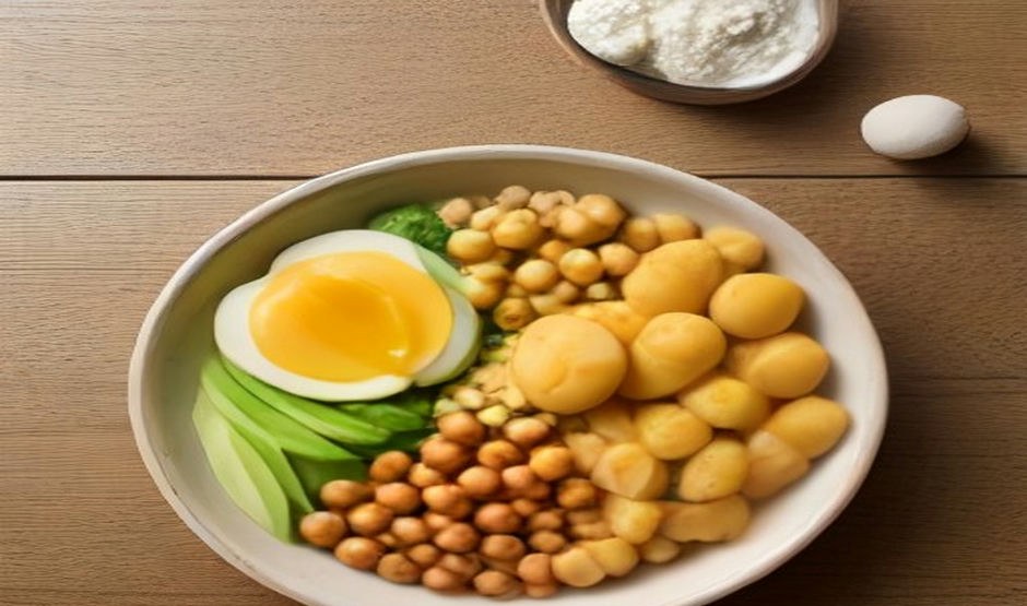 Overhead flat lay of protein-rich foods including chicken, eggs, chickpeas and yogurt