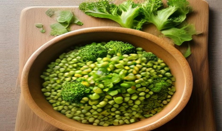 Overhead flat lay of high-fiber foods including lentils, chickpeas, broccoli, spinach and chia seeds