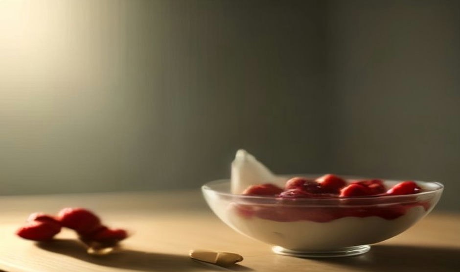 Bowl of plain Greek yoghurt topped with berries and almonds