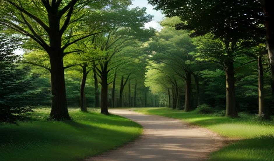 Tree-lined walking path through green woodland in the early evening