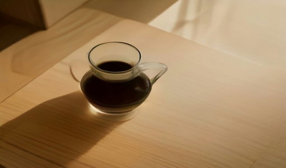 A glass carafe of black coffee on a light wooden table