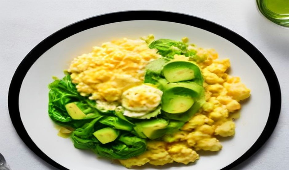 A plate of scrambled eggs with avocado and cooked greens