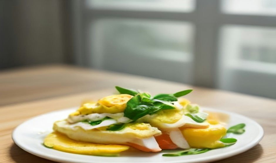 Eggs with spinach and green vegetables on a white plate, a protein-forward first meal to break a fast