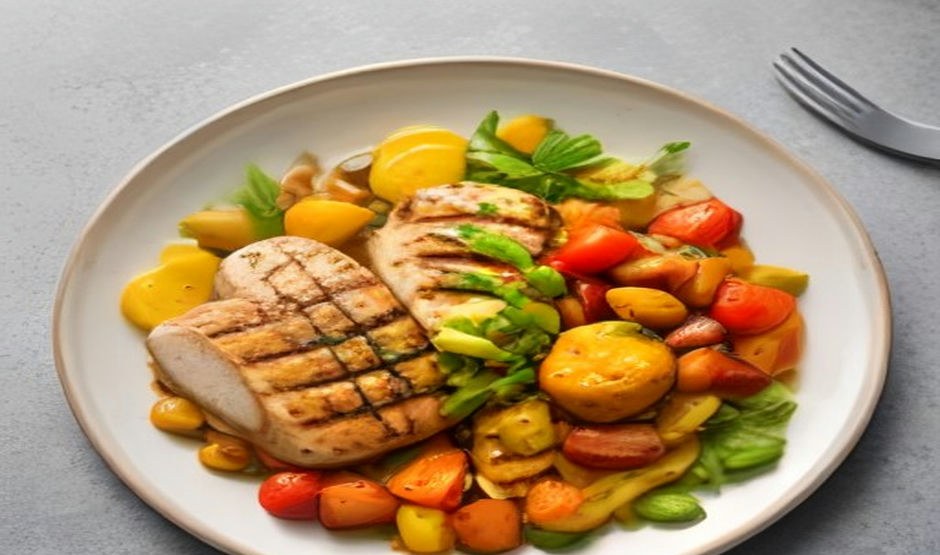 Grilled chicken breast with roasted tomatoes and peppers on a ceramic plate