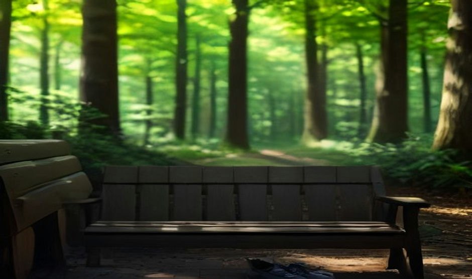 A wooden bench on a woodland walking trail